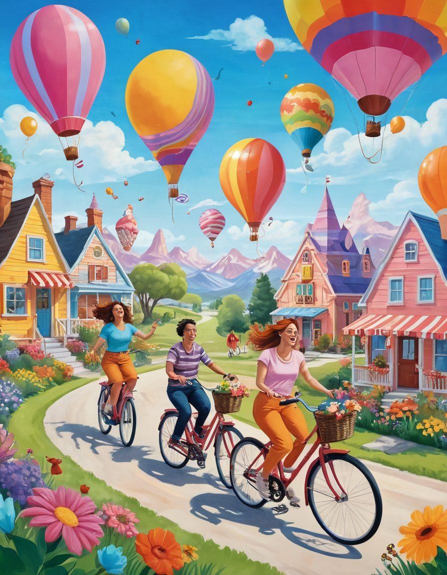 A colorful and whimsical scene depicting a diverse group of people engaging in quirky and funny lifestyle choices, such as dancing with oversized flowers, riding bicycles made of candy, and enjoying giant ice cream cones. The backdrop features a bright, cheerful landscape filled with imaginative elements like floating balloons and playful animals. The overall mood is joyful and light-hearted, inviting viewers to embrace their own eccentricities. vibrant colors. playful cartoon style.