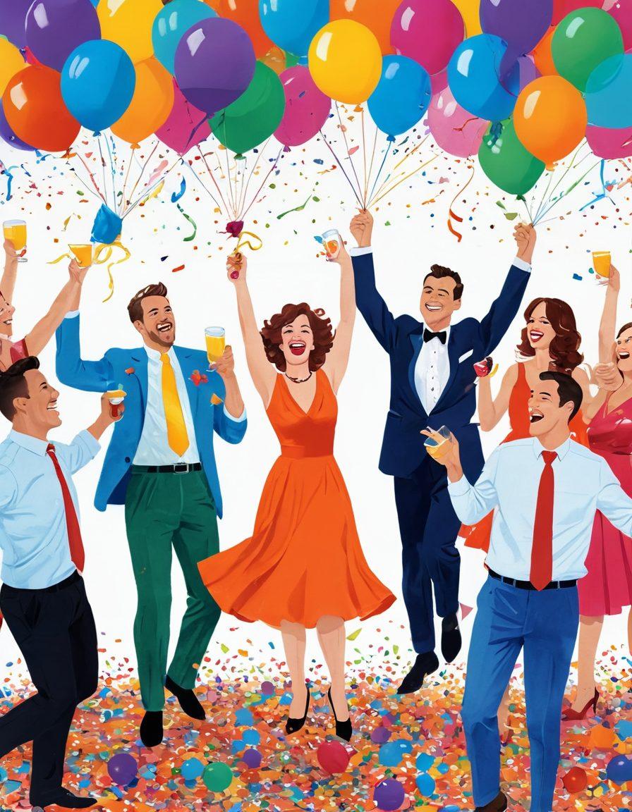 A vibrant and whimsical scene showcasing playful caricatures of adults engaging in humorous activities like juggling oversized cocktails, dancing with oversized plush toys, and wearing quirky costumes. The background features colorful streamers, balloons, and playful confetti, creating a festive atmosphere filled with joy and laughter. Include an abstract, cartoonish style to reflect the lighthearted nature of the content. cartoonish, vibrant colors, festive atmosphere.