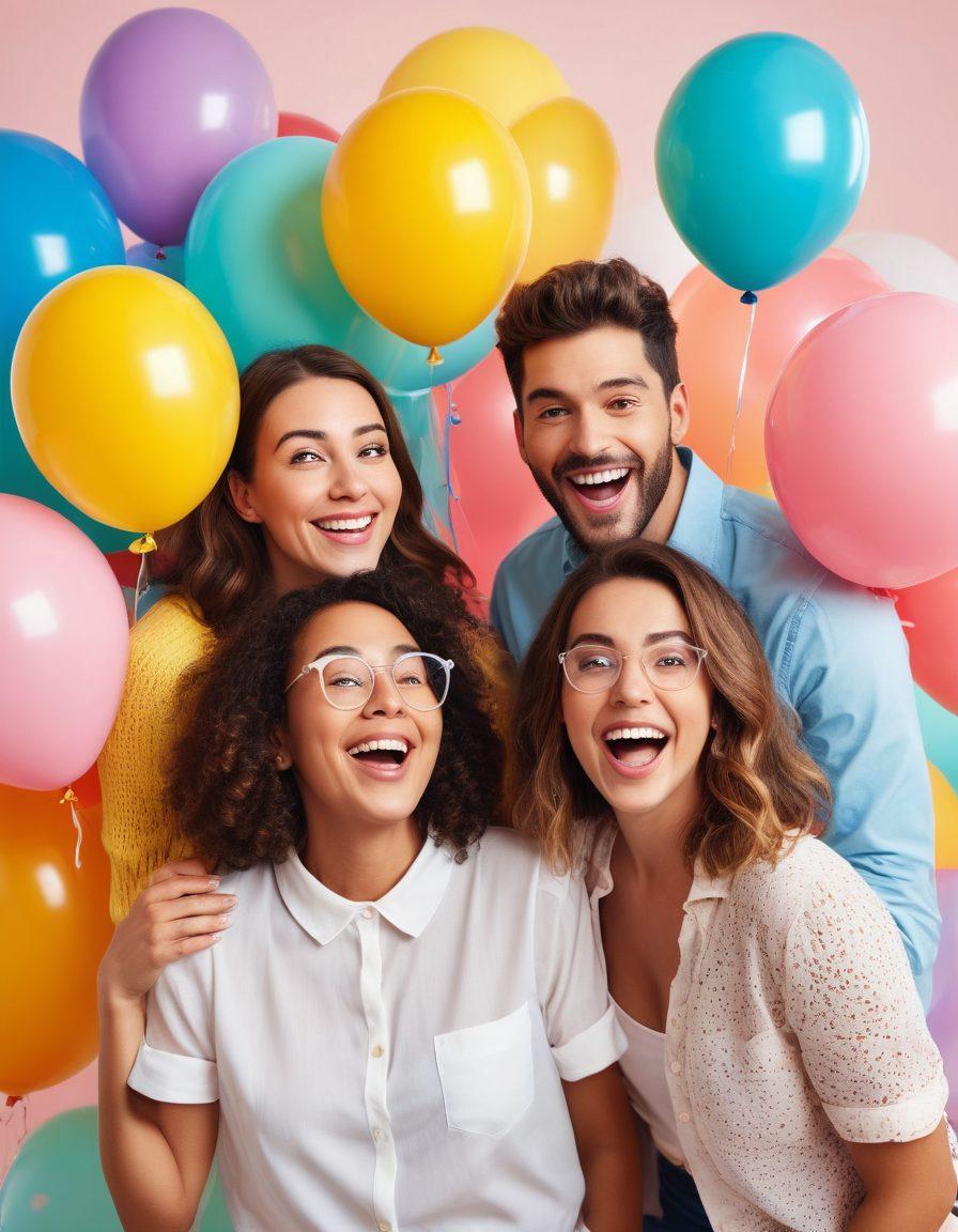 A whimsical and playful scene showcasing a diverse group of adults joyfully engaging in lighthearted activities, surrounded by colorful balloons and playful art elements. Incorporate humorous motifs such as exaggerated facial expressions and fun props symbolizing adult humor, with a soft, inviting atmosphere that exudes pleasure and happiness. Illustrate a backdrop of gentle pastel colors to enhance the cheerful vibe. vector art. vibrant colors. white background.